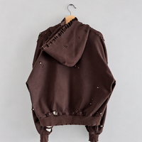 Sweat-shirt à capuche zippé pour homme, délavé et vieilli, doublé en maille gaufrée, coupe oversize, effet déchiré, style vintage Y2K streetwear, vente en gros