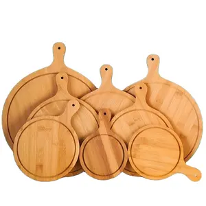 Organic Bamboo Round Wooden Pizza Cutting Board Perforated Pizza Peel Shovel Plate with Juice Groove