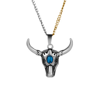 <b>Titanium</b> Steel Yak Head Pendant With Turquoise Inlay Bull Horn Charm For Men SP903 - Product Image 5