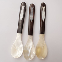 Cuillère et fourchette en forme de coquille avec manches en bois, incrustation en bois de rose motif poisson, finition miroir style caviar, 14 cm