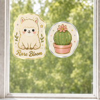Autocollants personnalisés imperméables en PVC vinyle, autocollants décoratifs électrostatiques pour fenêtre, imprimés UV, motif alpaga et cactus kawaii