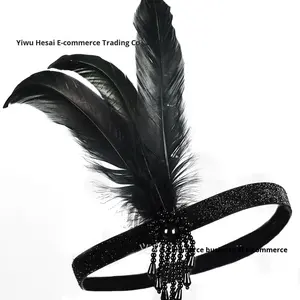 <span class=keywords><strong>Bandeau</strong></span> à plumes noires des années 1920 de Lowosaiwor, accessoire de tête Great Gatsby avec <span class=keywords><strong>ceinture</strong></span> élastique pour mariage - Product Image 3