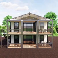 Casa Contenedor Prefabricada de Dos Pisos, Villa Modular con Panel Sándwich, Techo a Dos Aguas, Terraza y Balcón para Edificio de Oficinas u Hotel
