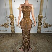 Robe de soirée sirène longue et élégante, dorée, imprimée de strass, amincissante et cintrée à la taille, haut de gamme, pour fêtes
