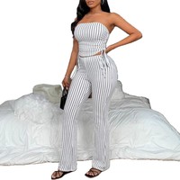 Ensemble deux pièces Y2K sexy pour femme : crop top d'été et pantalon taille haute à jambes larges avec détail dos nu à lacets et rayures verticales