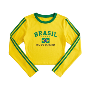 2026 Trendy Brazil Football Crop <b>Top</b> Long Sleeve Streetwear Custom Print Brasil Aesthetic Women Slim Fit Cotton T-Shirt - Product Image 2