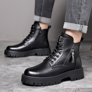 Bottes d'hiver pour hommes en cuir véritable, bout rond, semelle en caoutchouc, imperméables, chaudes, doublure en fourrure, semelle intermédiaire en EVA - Product Image 1