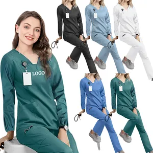 ready to ship long sleeve medical hospital white scrubs uniforms sets royal blue nurse v neck top salon spa spandex for women