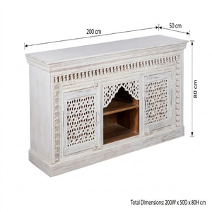 Meuble TV en bois sculpté à la main avec un design Jali complexe, console de divertissement en bois massif avec rangement, blanc vintage - Product Image 5