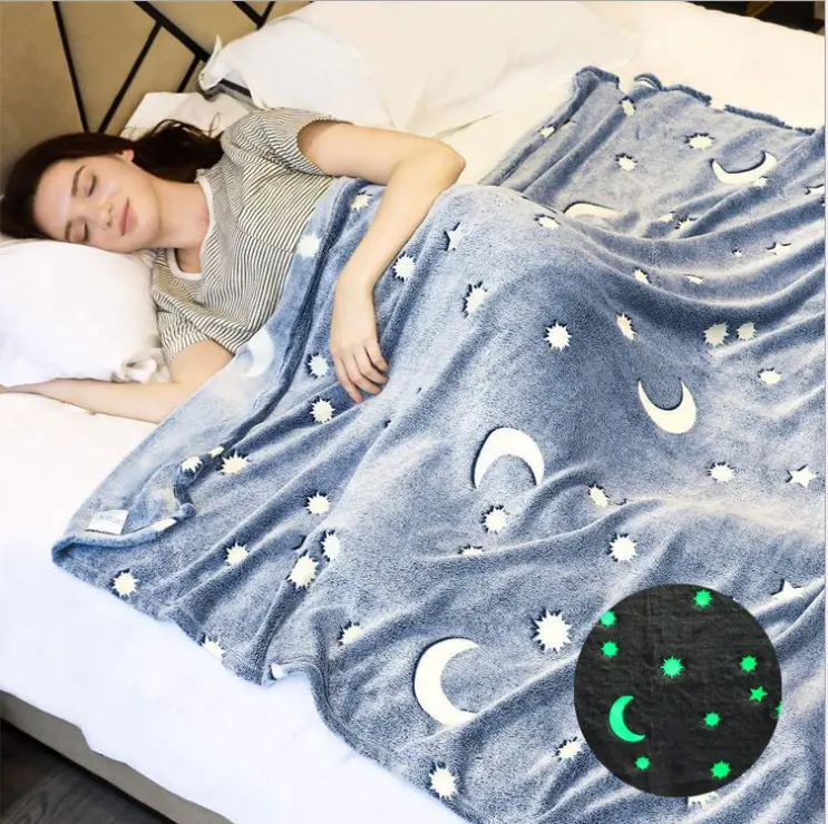 New Wholesale Cheap Price Moon and Stars Custom Printing Design High Quality Glow in the Dark Flannel Fleece Blanket