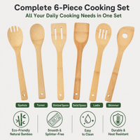 Ensemble d'ustensiles de cuisine en bambou, 6 pièces, outils de cuisson en bois naturel, spatule, cuillère, louche pour ustensiles de cuisine antiadhésifs, accessoires de cuisine