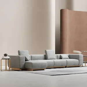 Sofá de canto de couro branco moderno, sofá de aço inoxidável e tecido de couro