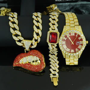 Iced Out Bling Strass et Alliage Ensemble de Bijoux Hip Hop Montre À Quartz Cubain Lien Chaîne Bracelet Rouge Sexy Lèvres Pendentif Collier - Product Image 2