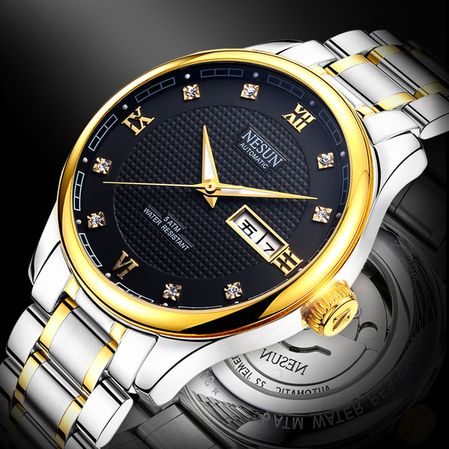 NESUN Automatic Mechanical Watch for Men, Business and Casual Style, Dual Calendar, Luminescent, Waterproof Men's Watch