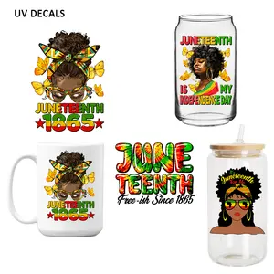 Customization juneteenth vinyl stickers 3d heat transfer decals dtf prints ready to ship uv dtf cup wraps for cup