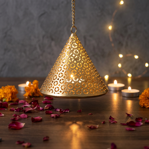 5-Inch Brass Cone Candle Holder with 2-Color UV Printed <b>Lantern</b> Design for Home Decoration Easter Table or Hanging Displays - Product Image 2