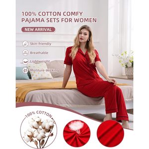 Ensemble de pyjama en coton pour femme, manches courtes, boutonné, 2 pièces, vêtements de détente, vêtements de nuit, vêtements de détente en coton et bambou pour femme - Product Image 4
