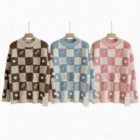 Pull en maille décontracté à col ras du cou pour femme, motif damier, tricot torsadé, appliques florales 3D, coupe ample à épaules tombantes, marque privée