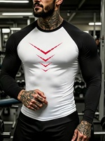 T-shirt athlétique respirant à manches longues et col rond pour homme, coupe ajustée, imprimé graphique géométrique unique, évacuation de l'humidité