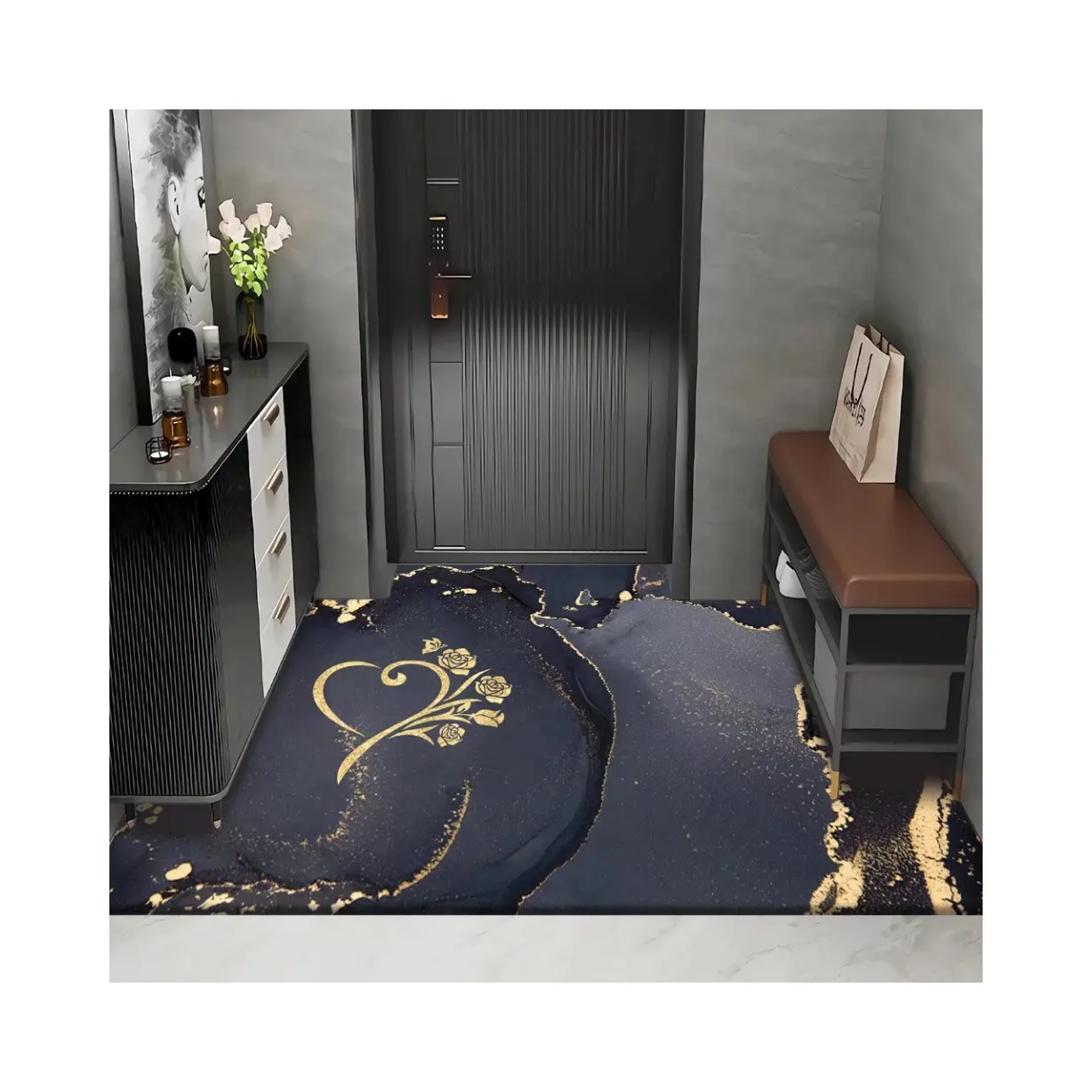 faux cashmere gold flowers black light luxury high-end entrance carpet high-quality durable luxurious anti slip doormat