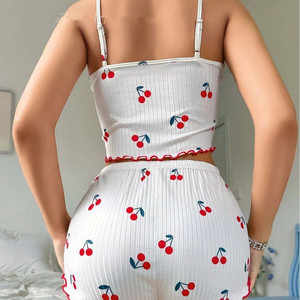 Conjunto de Pijama de Dos Piezas para Mujer, Camisola Suave y Pantalones Cortos, Ropa de Dormir Informal, Sexy, con Estampado de Cerezas, Pijama Dulce - Product Image 5