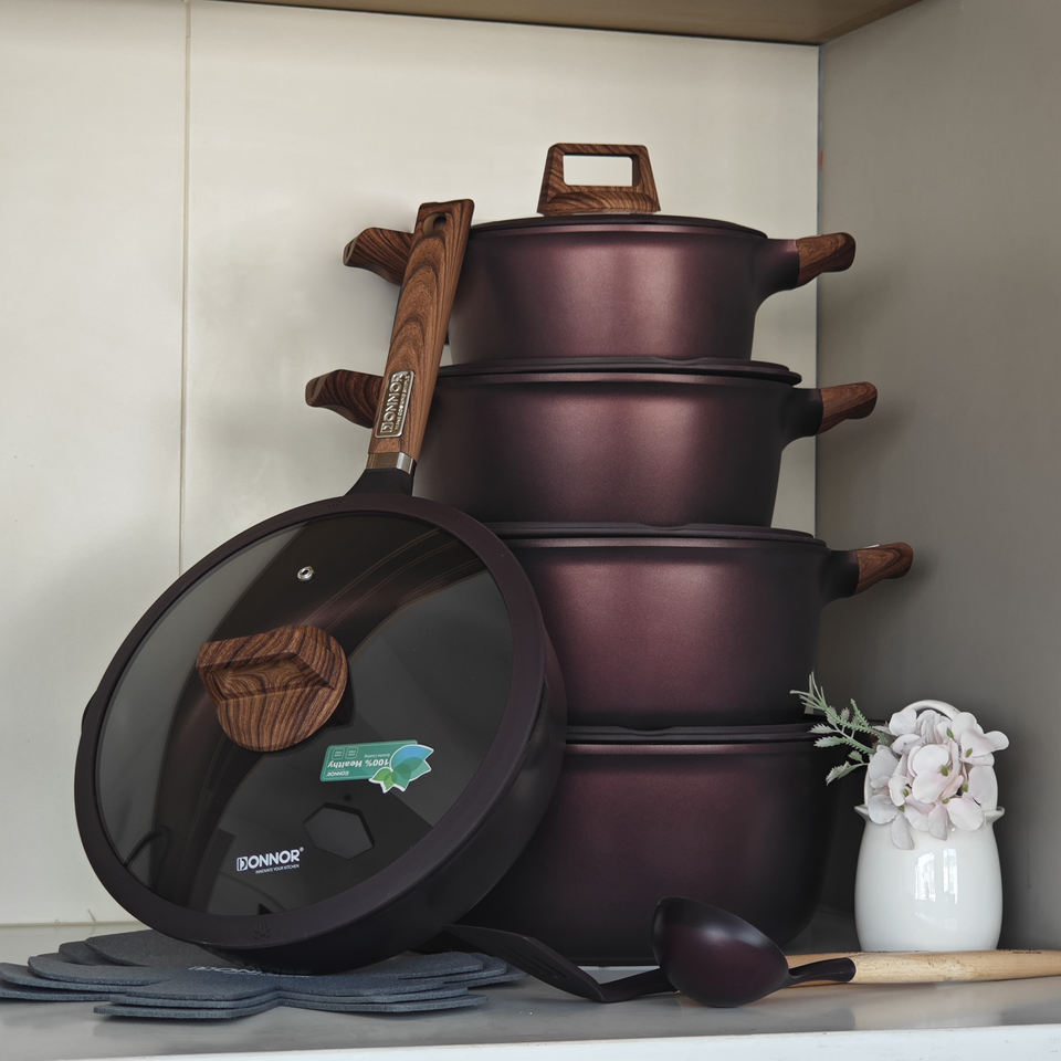 New Arrival Donnor Rich 15pcs Double Side Nonstick Cookware Sets Cooking Pots And Pans With Utensils Support All Stoves