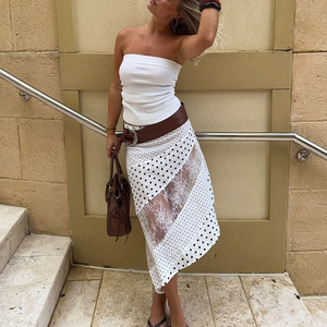 High Waist Polka Dot Midi Skirt With Lace Asymmetrical Design For Women Chiffon Summer Leisure Wear - Product Image 3