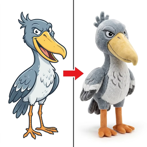 Peluche personnalisée en forme d'oiseau à bec de cisaille, inspirée d'un dessin de faune sauvage, en peluche grise et blanche, avec un grand bec jaune et des longues pattes oranges, prototype fait main - Product Image 1