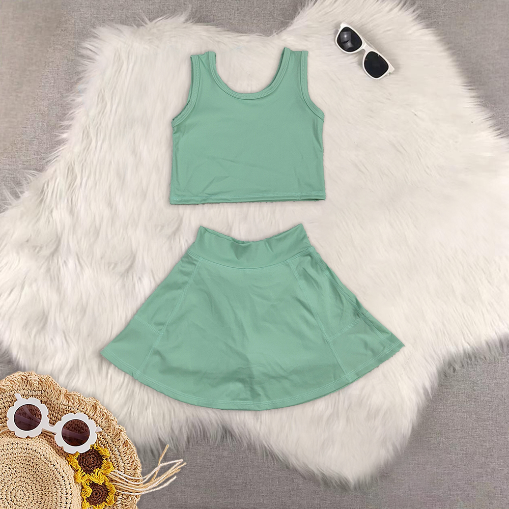 RTS NO MOQ Children's Boutique Clothing Pure Pea Green Vest and Skirts Shorts Little Girls Yoga 2 Piece Set Summer Kids Clothes