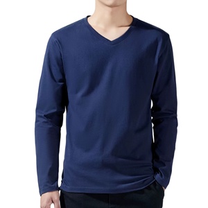T-shirt en coton épais 250g pour homme, col en V, manches longues, coupe ample, couleur unie, design décontracté, chemise de base, vente en gros - Product Image 3