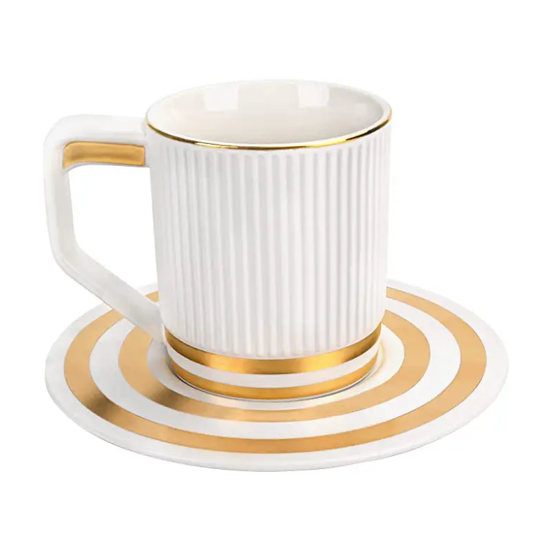 Novità tazza da caffè in porcellana tazza da tè bianco nero rosa strisce verticali tazza da caffè in ceramica a coste tazza da tè con piattino con bordo dorato