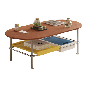 Wood Coffee Table Oval Stainless Steel Frame Storage <b>Shelf</b> Living Room Furniture - Product Image 4