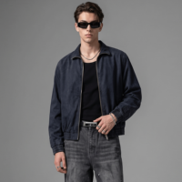 Veste vintage pour homme, bleu marine, fermeture éclair, col pointu, poignets et ourlet élastiques, veste bomber en coton, logo personnalisé