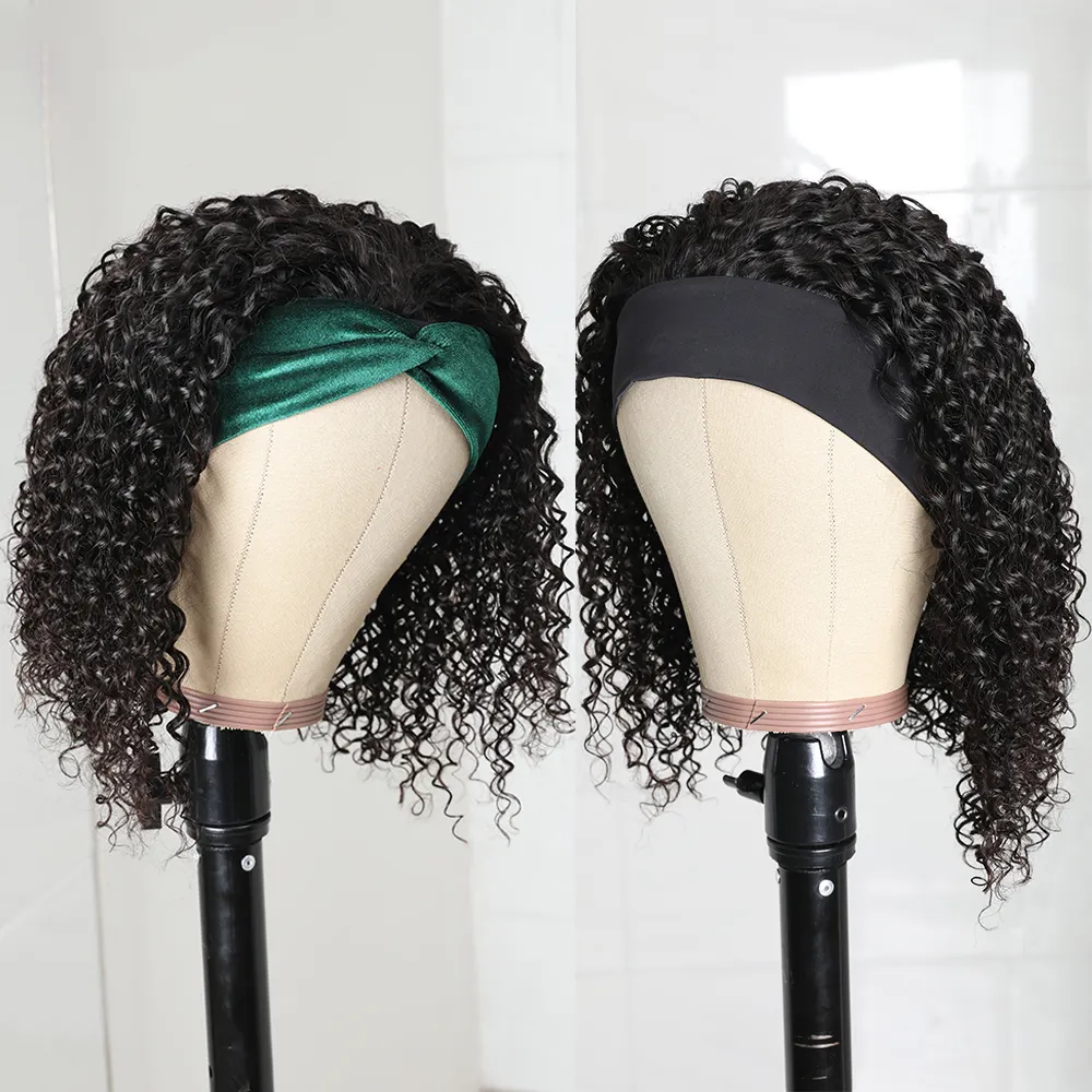 SPARK Bob Curly Short Curly Coily Afro Curl Wigs Half Wigs With Headband Attached Kinky Curly Human Hair Headband Wig
