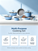 Ensemble de 6 ustensiles de cuisine en aluminium antiadhésif, casseroles et poêles bleues, couvercles en verre, poignées résistantes à la chaleur, compatibles avec tous les types de cuisinières, passe au four et au lave-vaisselle, pour la cuisine à domicile