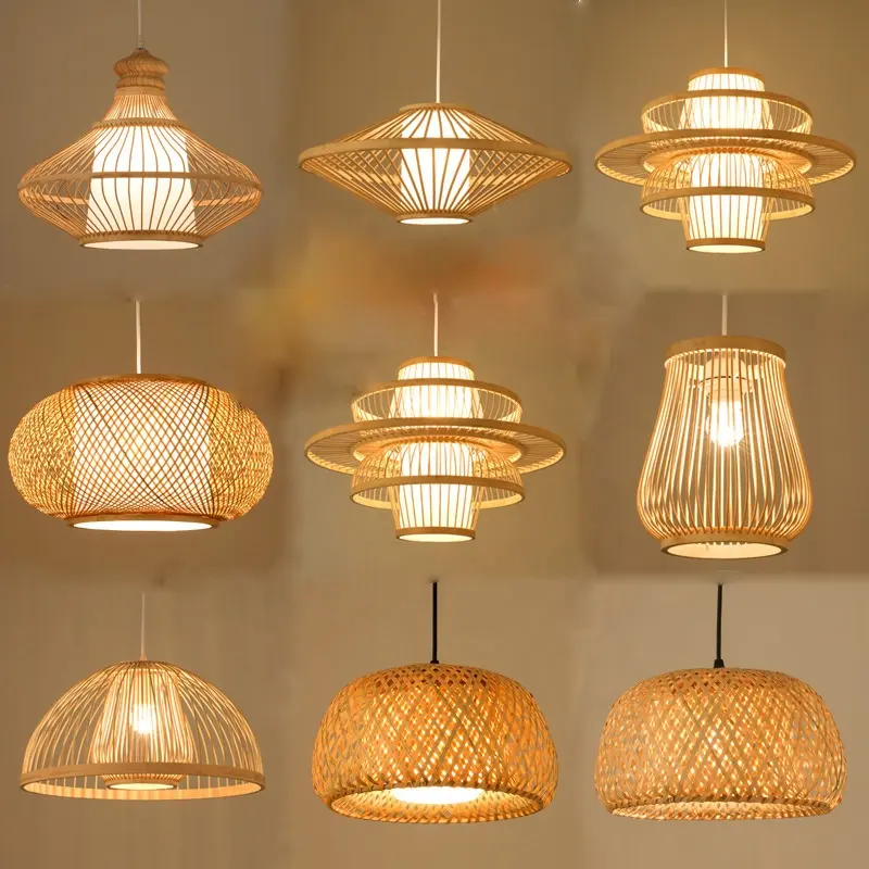 Wholesale Hanging Bamboo Lamp Handmade Natural Weaving Restaurant Lantern Led Ceiling Lights Rattan Pendant chandeliers Lights