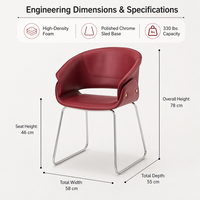 Chaise rembourrée rouge avec dossier entièrement incurvé, assise en mousse rembourrée, structure en métal, hauteur 78 cm, hauteur de l'assise 46 cm