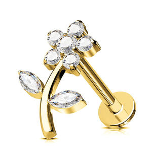 Boucles d'oreilles plates en titane ASTM F136 Lotus avec feuille de fleur et zircone cubique pour cartilage, hélix, piercing corporel G23 - Product Image 3