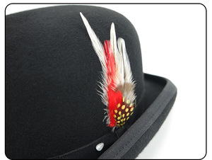 High Quality Black Hard Wool Felt Bowler <b>Hat</b> with Feather <b>for</b> Party Inspired by America Music Festival - Product Image 6