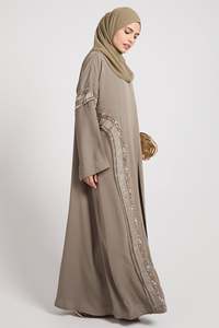 LEDUO Customized High Quality Acetate Spring Vintage Casual Women <b>Beaded</b> <b>Trim</b> Open Style Loose Fit Floor Length Ramadan Abaya - Product Image 2