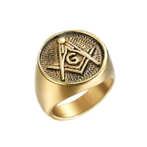 Bague maçonnique classique en acier inoxydable plaqué or avec pierre naturelle, personnalisable en usine, vente chaude transfrontalière, style européen et américain - Product Image 5