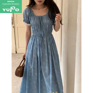 Droma 2024 summer new arrival square neckline lace up tie up waist to look slimming Bubble sleeves jean dresses denim women