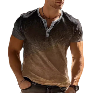 Men’s Vintage Ombre Henley Shirt – <b>Distressed</b> Gradient Print Short Sleeve <b>Top</b> with Muscle Fit and Button Placket - Product Image 2