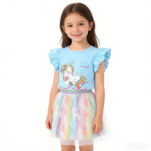 Ensemble jupe en tulle pour filles, deux pièces, t-shirt licorne à manches bouffantes, robe tutu, tenue de fête d'anniversaire d'été, 2-10 ans - Product Image 4