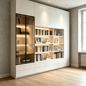 Escritorio Moderno Personalizado con Estantería Integrada, Puertas de Vidrio, Estantes Abiertos con Retroiluminación LED, Cajones, Escritorio de Estudio, Estantería Ecológica para Dormitorio o Sala de Estar - Product Image 3