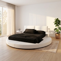 Lit Rond Moderne Rembourré avec Plateforme Circulaire, Table d'Appoint Intégrée, Base Basse, Tête de Lit à 2 Panneaux en Cuir pour Appartement et Hôtel