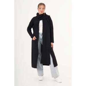 Cárdigan Largo Negro de Punto con Estampado Informal, Cuello de Lazo y Decoración de Botones para Otoño y Primavera - Product Image 1