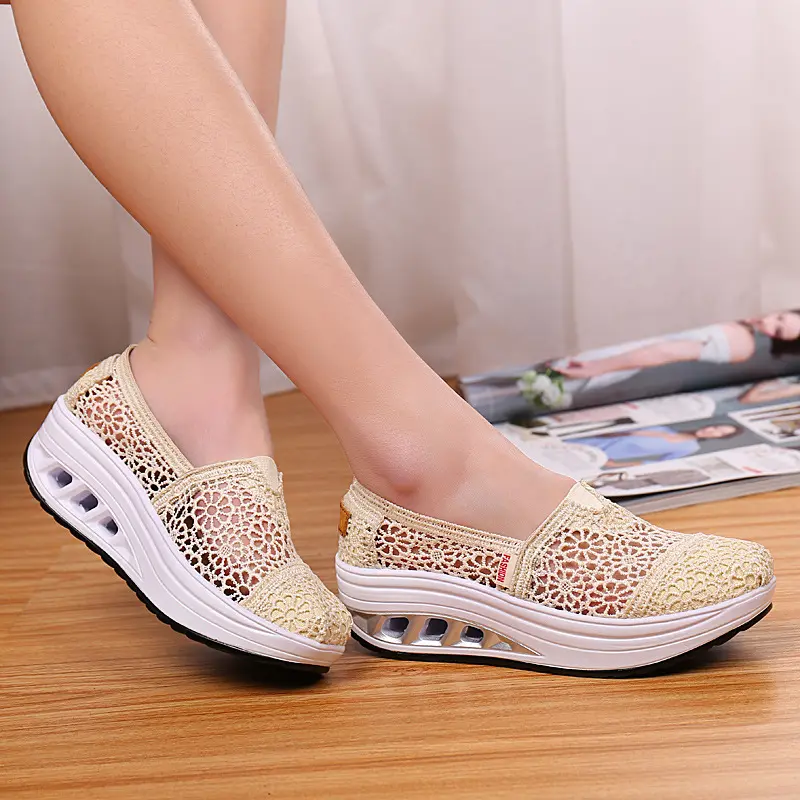 Hollow Out Lace Rocker Sole Slip On Casual Round Toe Health Shoes