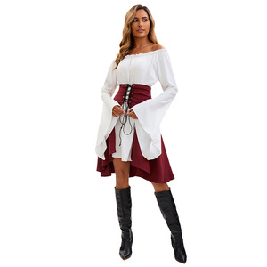 Disfraz de pirata para mujer, top de manga larga con hombros descubiertos, falda color borgoña y cintura con cordones para fiesta de Halloween o Renacimiento - Product Image 3
