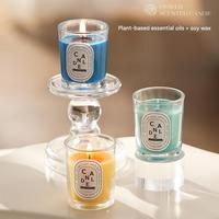 Bougie parfumée en verre transparent multicolore Macaron, cire de soja naturelle, petite fragrance avec étiquette ovale classique imprimée